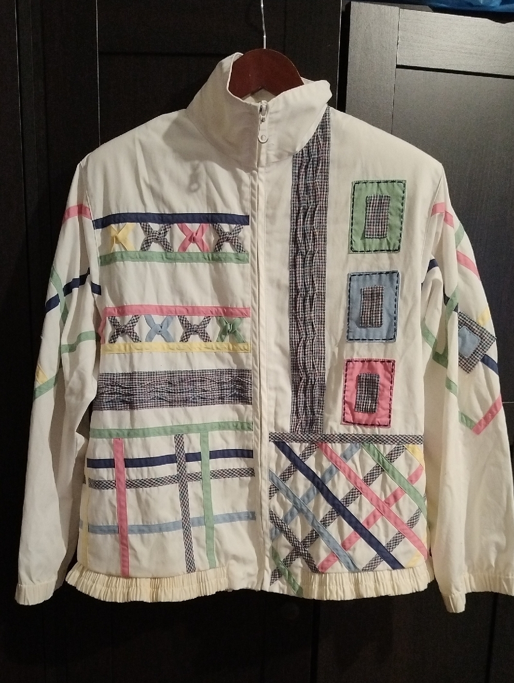 Vintage Koret Francisca Cream Jacket with White Lining Patchwork Designs - Small